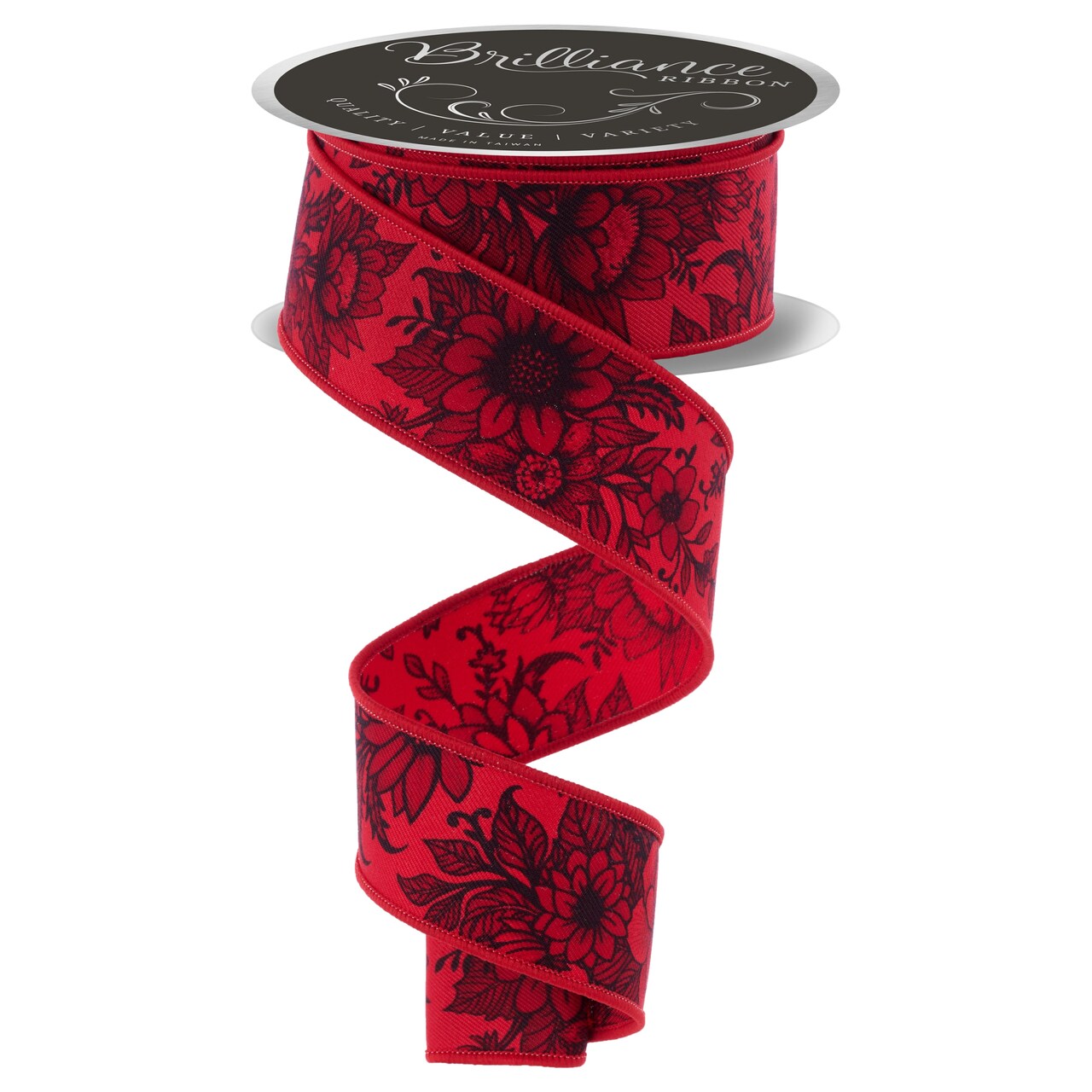 Brilliance 1.5" Chinoiserie Florals Wired Ribbon 30' - Red, Black, Grey - For Flower Pattern Bows, Wreaths, Gift Wrap, Crafts and Decorations